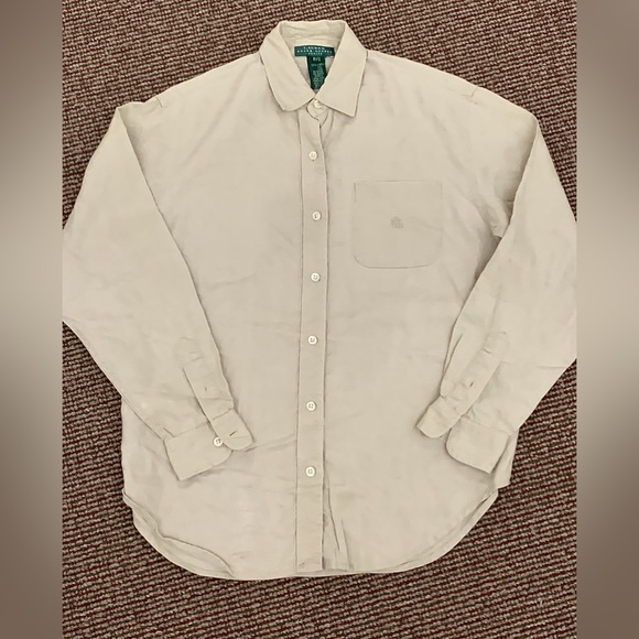 Women's Small Petite Natural Linen Lauren Ralph Lauren Vtg Button Down Shirt - Picture 2 of 12